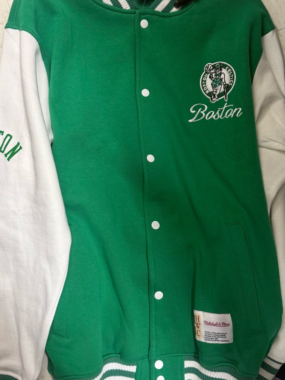 Mitchell & Ness Green and White Boston Varsity Jacket